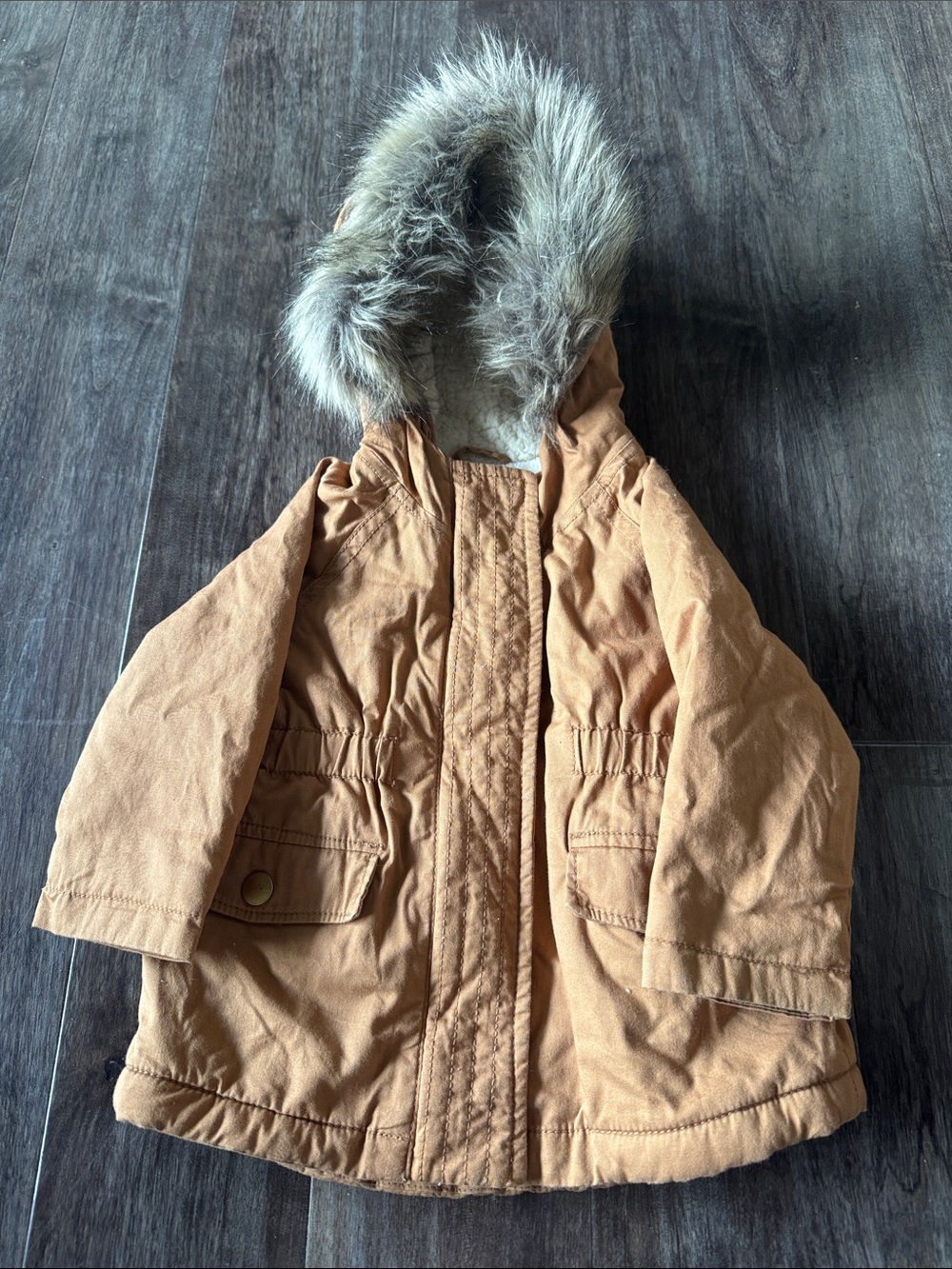 Old Navy Tan Hooded Puffer Coat with Faux Fur Trim